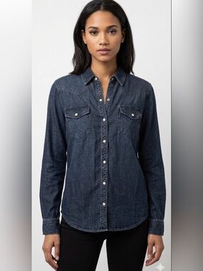 Rails Denim Jean Shirt West Dark Vintage/Lapis Coast White Pearl Snaps M
